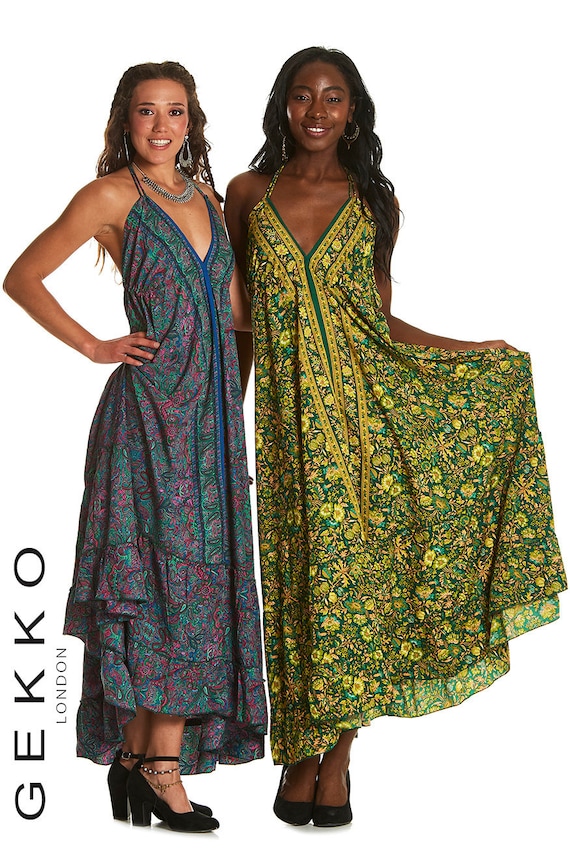 Long Hippy Dress With Open Back and Frills Made in New Sari - Etsy UK