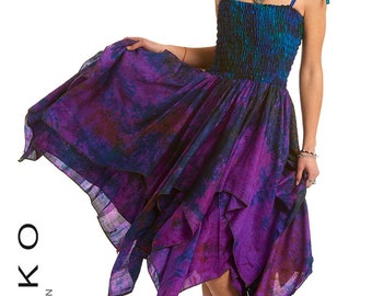 Tie dye fairy dress with rouched top. Made from recycled saris.