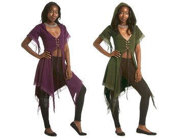 PIXIE HOODIE, Front lacing Jacket, laced up t-top, psytrance top, STEAMPUNK Top, long fairy top, elf top - LcjkKS