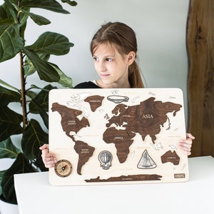 World Map Puzzle, Wooden Puzzle, Montessori Toys, Home Educational Toy, Wood World Map, Birthday Gift, Christmas Present, Wooden Toy