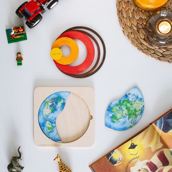 Wooden Puzzle Earth Montessori Wooden layers of the Earth toys | 1st Birthday Gift | Wood Puzzle Handmade | Christmas Gifts for Kids