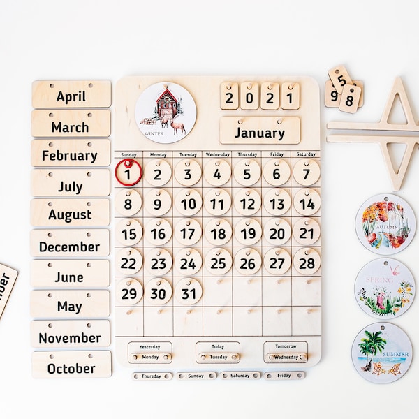 Wooden Calendar | Homeschool | Natural Home Calendar | Montessori Calendar | Perpetual Calendar | Handmade | Learning Tool | Christmas Gifts