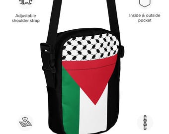 May include: Black crossbody bag featuring the Palestinian flag design. The bag has an adjustable shoulder strap, two-way zipper, and an inside and outside pocket. The bag is made of sturdy fabric.