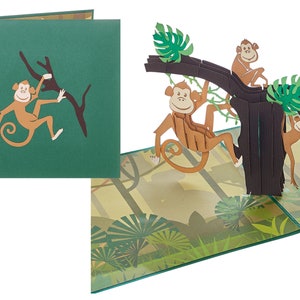 Monkey Pop Up Card, Blank Monkey Card,  Monkey Easter Card, Monkey Gift, Jungle Monkey Birthday Card, Monkey 3D Card, Kids' Birthday Card