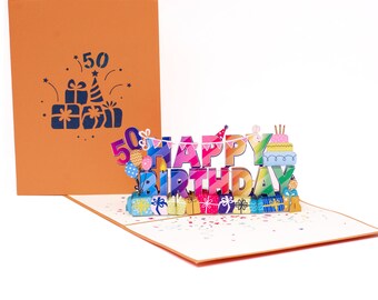 May include: A pop-up birthday card with a vibrant "Happy Birthday" message and a "50" design. The card features a cake, balloons, and gift boxes. The closed card is orange with a blue gift and number design.