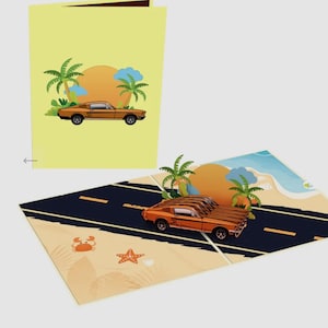 Carte pop-up voiture de plage, carte voiture classique, carte de fête des pères, carte d'anniversaire de voiture, carte d'anniversaire de coureur de voitures, carte de bonne retraite pour homme