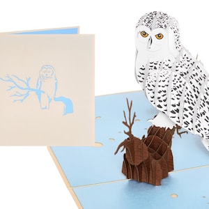 May include: A 3D pop-up greeting card featuring a detailed white owl with black spots perched on a brown tree trunk. The card is open, revealing a light blue interior and a matching owl silhouette on a branch.