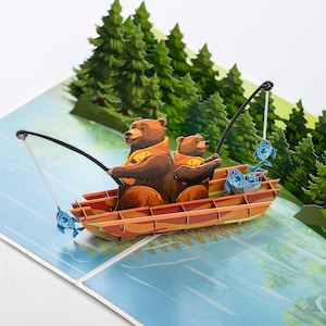Tarjeta desplegable de pesca para el Día del Padre, tarjeta de Papá Oso de pesca, tarjeta de cumpleaños de pescador, tarjeta de pesca para el Día del Padre, tarjeta de agradecimiento para papá