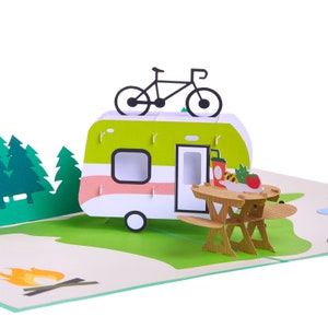 Carte pop-up camping, carte de camping vierge, camping merci, campeur heureux, carte d’anniversaire de VR, carte de retraite de camping-car avoir une bonne carte de voyage