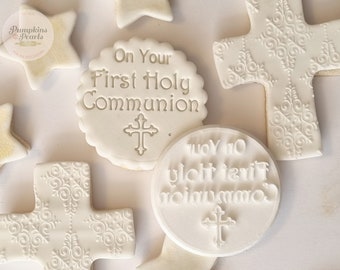 On Your First Holy Communion icing stamp fondant embosser for cupcake and cookies icing toppers and cake decorating.