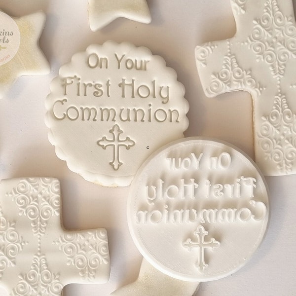 On Your First Holy Communion icing stamp fondant embosser for cupcake and cookies icing toppers and cake decorating.