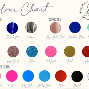 May include: Color chart showing different colors and finishes for custom items. Metallic options include hot pink, royal blue, and silver. Glitter options include silver, rose gold, blue, hot pink, gold, and red. Plain colors include baby pink, fuchsia, sky blue, baby blue, red, black, and white.