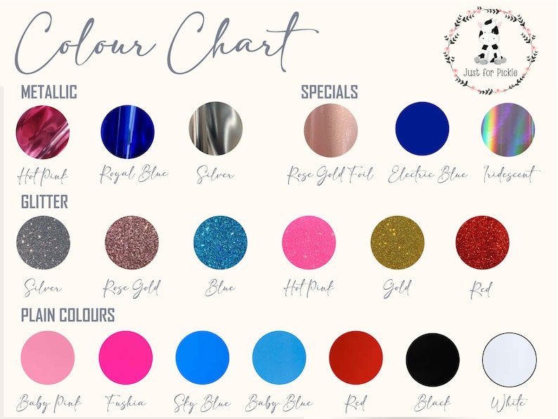 May include: Color chart showing different colors and finishes for custom items. Metallic options include hot pink, royal blue, and silver. Glitter options include silver, rose gold, blue, hot pink, gold, and red. Plain colors include baby pink, fuchsia, sky blue, baby blue, red, black, and white.