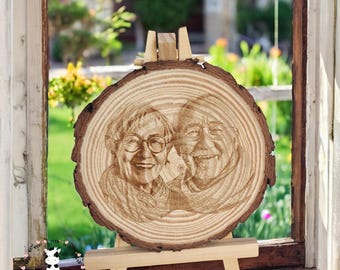 Personalised Photo on Wood Slice | Custom Laser Engraved Portrait Gift | Anniversary, Wedding gift,  Family Keepsake
