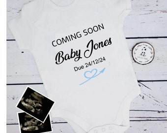 PREGNANCY REVEAL, personalised vest, Coming Soon baby grow