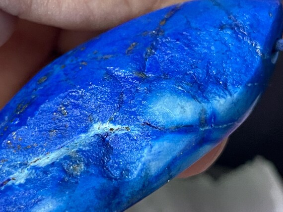 Lapis lazuli pendant, drilled, fantasy shape, reversible, deep blue tone with pyrite, natural stone jewelry