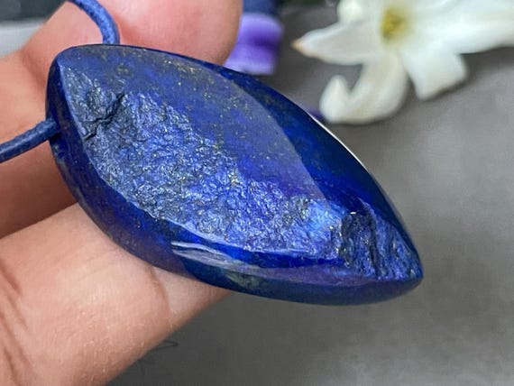 Lapis lazuli pendant, drilled, fantasy shape, reversible, deep blue tone with pyrite, natural stone jewelry