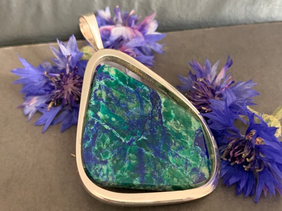 Large, rare Azurite / Chrysocolla pendant with silver ( 925 ) Sterling