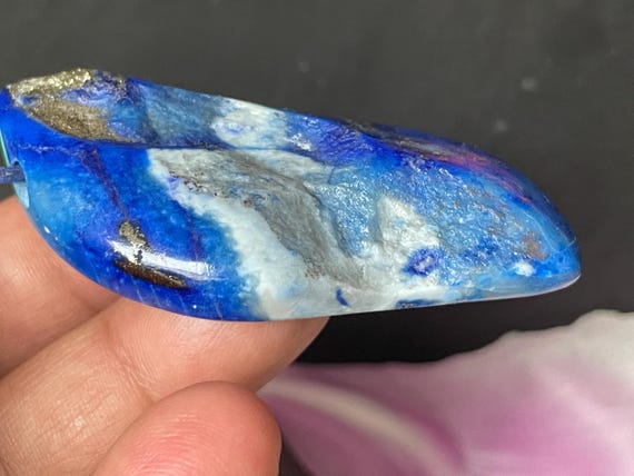 Drilled lapis lazuli pendant, colorful, reversible, deep blue tone with pyrite, natural stone jewelry, the third eye with 3D slanted setting