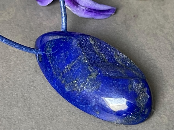 Lapis lazuli pendant, drilled, fantasy shape, reversible, deep blue tone with pyrite, natural stone jewelry