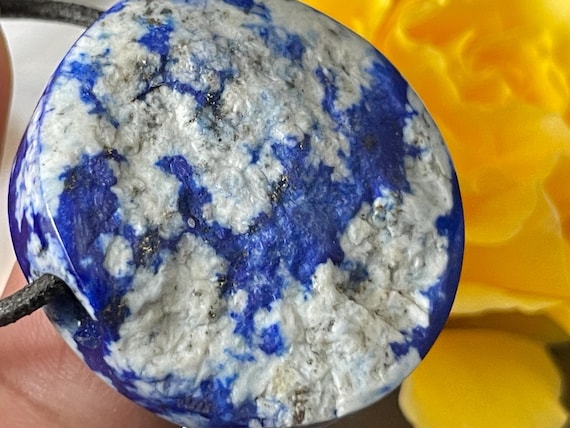 Genuine lapis lazuli pendant drilled large, round with sea, clouds, glaciers and universe all in one!
