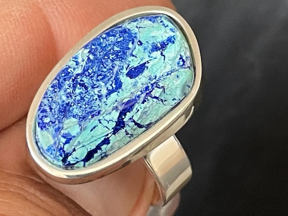 Unique azurite chrysocolla ring made of sterling silver | Handmade | Rare color combination | Origin: Arizona & Ural