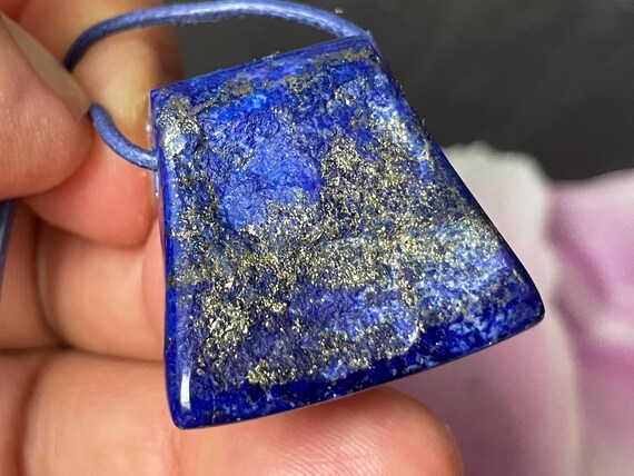 Lapis lazuli pendant, drilled, fantasy shape, reversible, deep blue tone with pyrite, natural stone jewelry trapeze