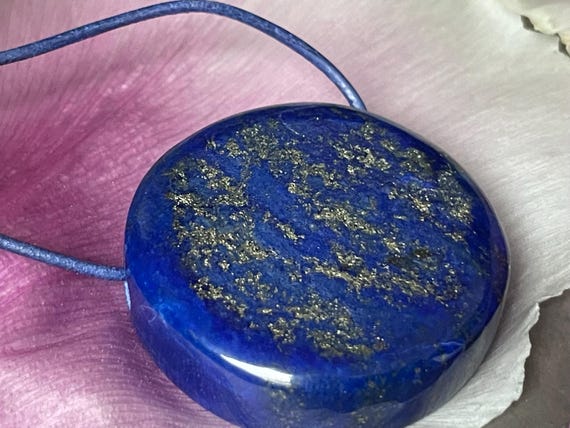 Lapis lazuli pendant, drilled, fantasy shape, reversible, deep blue tone with pyrite, natural stone jewelry universe - galaxy