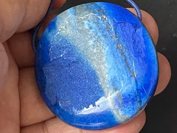 Lapis lazuli pendant, drilled, fantasy shape, reversible, deep blue tone with pyrite, natural stone jewelry
