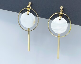 Gold Geometric Circle and Bar Stud Earrings, Long Bar Circle Earrings, Statement Hoop Earrings