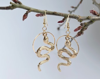 Statement Snake Design Drop Earrings/Snake Hoops Earrings Gold Tone/Serpent Jewellery/Mythical Earrings