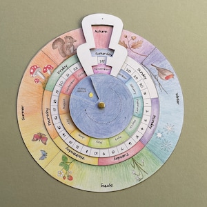 Perpetual Calendar Wheel for seasons, months, days of the week and moon phases to teach children about the rhythm of life. Waldorf inspired.