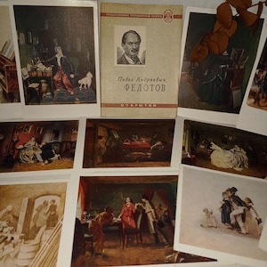 Una serie di cartoline dell'URSS di Pavlo Andriyovych Fedotov. Galleria statale Tretyakov/12 cartoline in un pacchetto, 1958. Vintage+regalo a sorpresa