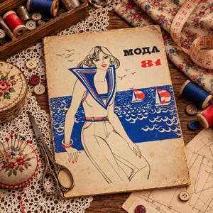 May include: A vintage magazine cover titled MODA 81 featuring a stylized illustration of a person in a sailor-style top and pants against a blue sea with sailboats. The cover is aged with a beige tone and includes black, blue, and red ink.