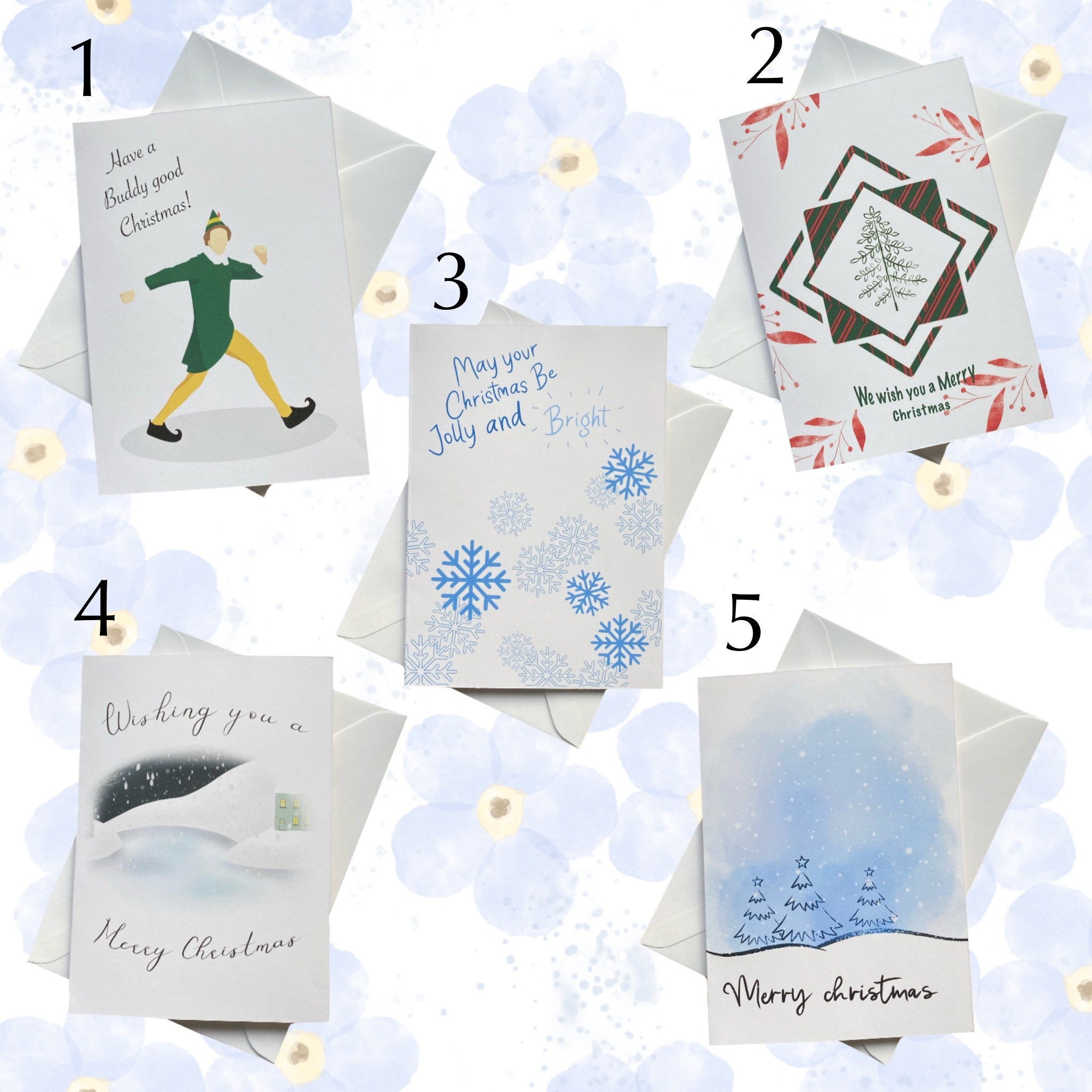 Pack of 5 Christmas Cards Etsy