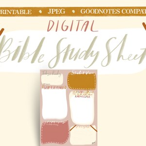 Op de afbeelding: Digitale Bijbelstudie-blad, te printen in PDF- en JPEG-formaat. Het blad heeft secties voor de dagelijkse lezing, studievers, beloften en gebed. De tekst "What I Learned" staat in een vak.