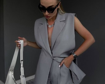 Women Classic Two Piece Suit, Summer Suit, Comfortable Suit For Women, Classic Gray Black Set, Jacket and Shorts Set, Sustainable Clothing