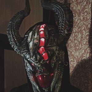 May include: A detailed, dark-toned mask with large, curved horns and intricate metalwork. The mask features a prominent red central element and a complex, textured surface, suggesting a fantasy or gothic theme. The overall design is elaborate and striking.