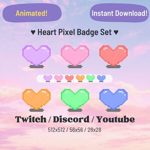 Könnte beinhalten: Ein digitales Grafikset mit pixeligen Herzen in verschiedenen Farben: Lila, Rosa, Rot, Orange, Grün und Blau. Der Text lautet "Animated!" und "Instant Download!" mit den Worten "Twitch / Discord / Youtube".