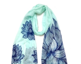Hand Painted lotus Silk Scarf, Contemporary floral art Stole, head scarf, flower silky hair wrap, unique gifts for her, cover up for women
