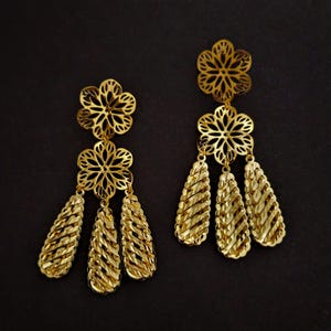 gold filigree earrings,wedding earrings,gift for her,flower gold danglers,carved floral earring,brass flower chandelier hanging gold earring
