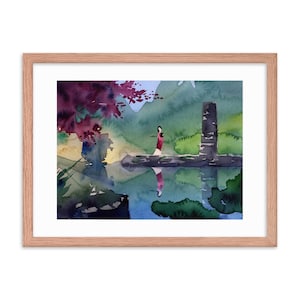 Reflexión - Pintura de acuarela impresionista inspirada en Mulan de Disney - Impresión artística enmarcada de 18" x 24"