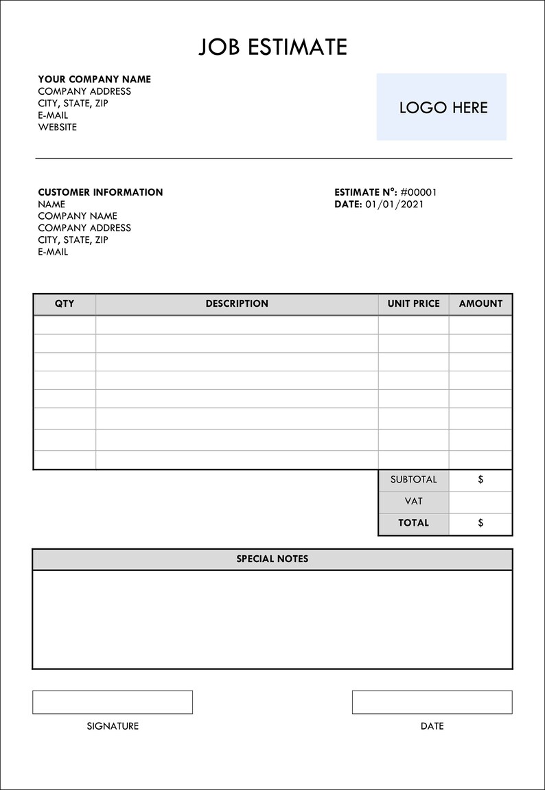 Job Estimate Template Word, Editable Job Estimate, Printable Job