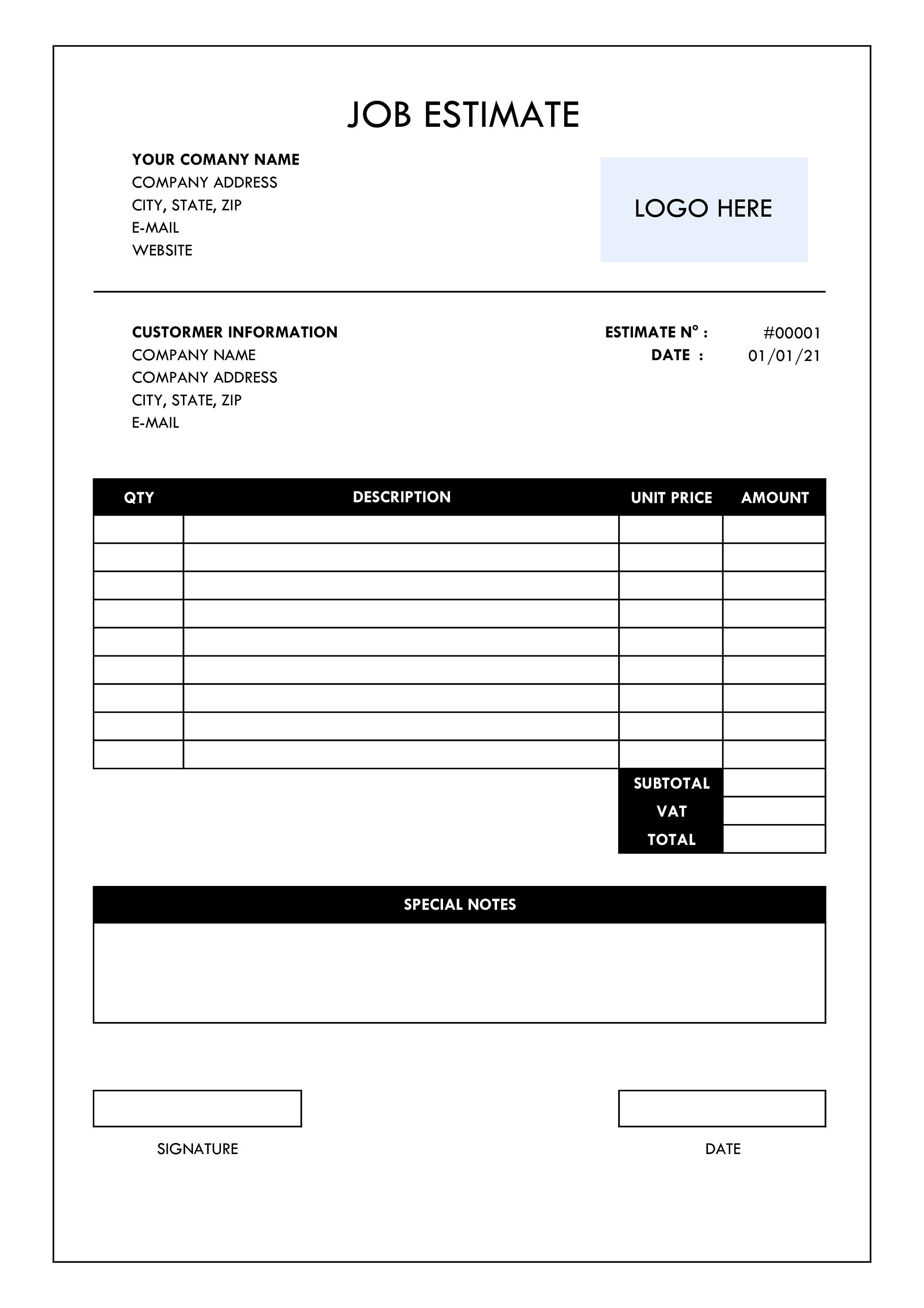 Job Estimate Template Word, Editable Job Estimate, Printable Job