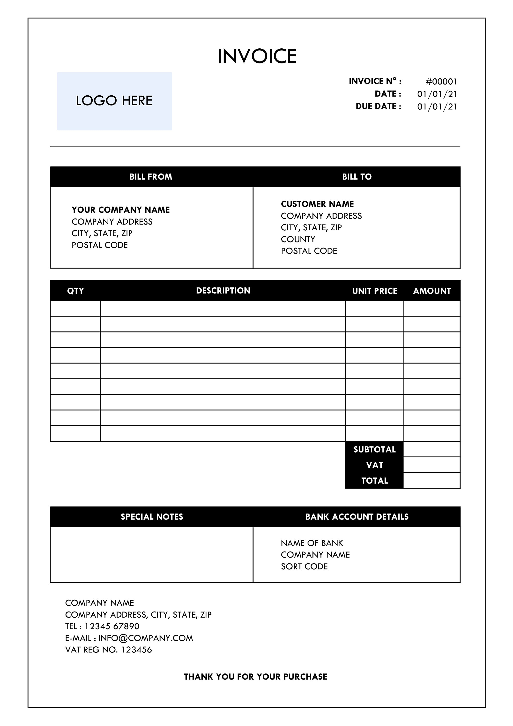 Invoice Template Word, Editable Invoice, Printable Invoice Template