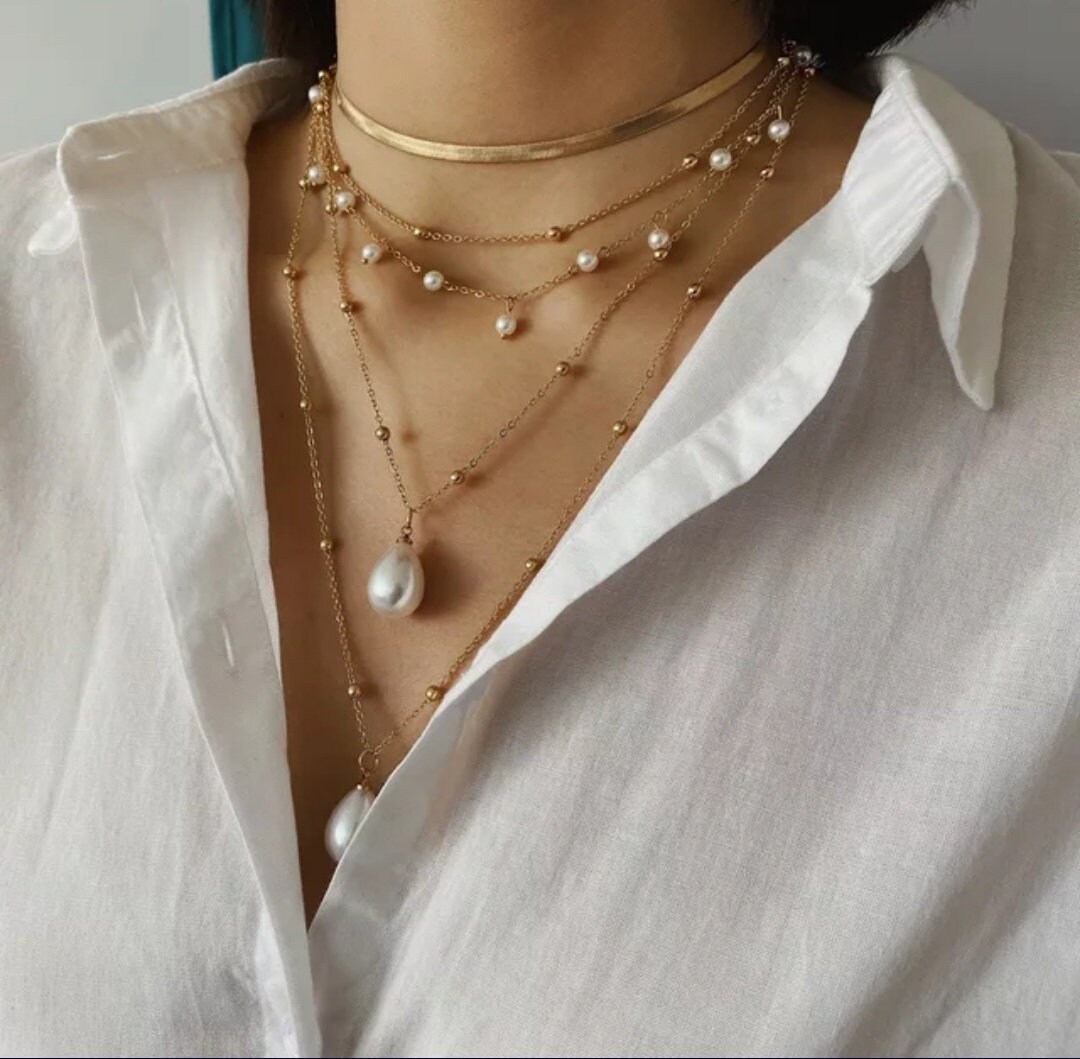 18K Gold Plated Long Y Necklace Link Chain with Pearl. A Neck Etsy