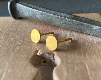 24K Pure Solid Gold Hand Forged Disc Earring Studs