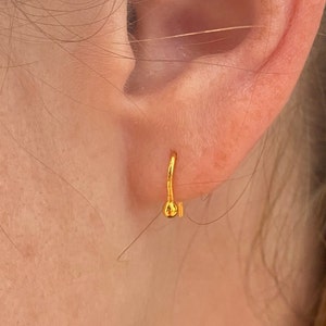 May include: A gold hoop earring with a small ball at the end. The earring is worn in the upper lobe of the ear.