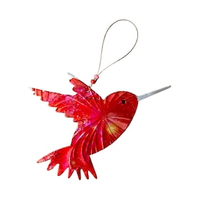 Recycled Aluminum Can Red Hummingbird Ornament - Upcycled Birdwatcher Gift