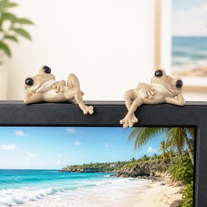 May include: Two small, light brown frog figurines with large black eyes, each posed in a reclining position with one arm resting behind its head. These decorative figures are designed to perch on the top edge of a flat screen monitor.